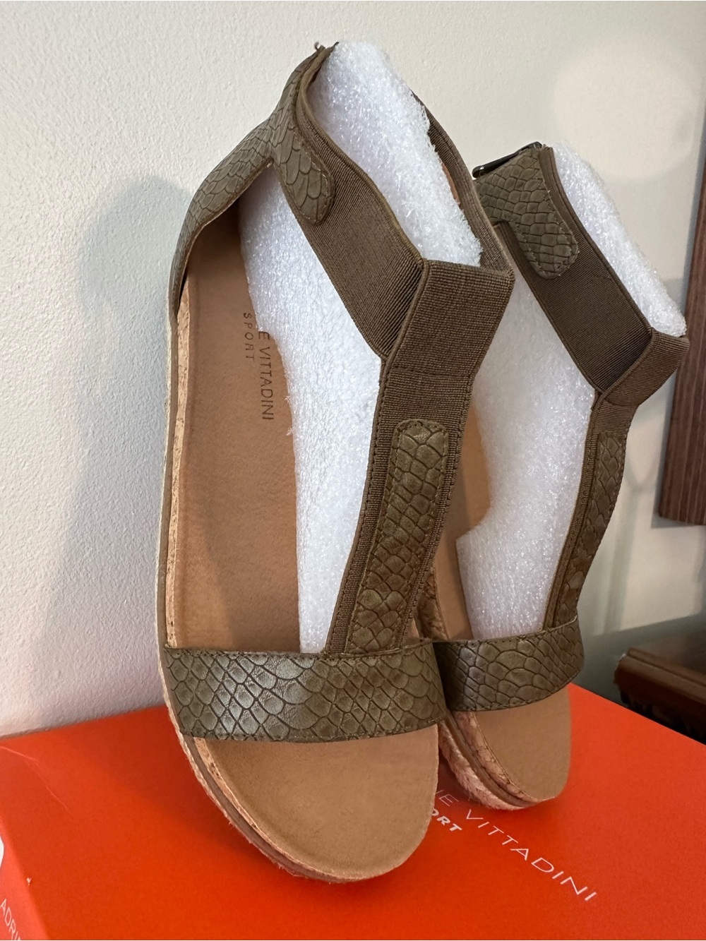 Adrienne Vittadini Olive Textured T-Strap Cork Platform Sandal